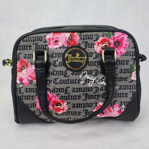 Juicy Couture Purse Black White Billboard Tote Pink Flower Satchel Bag Logo - Picture 4 of 16